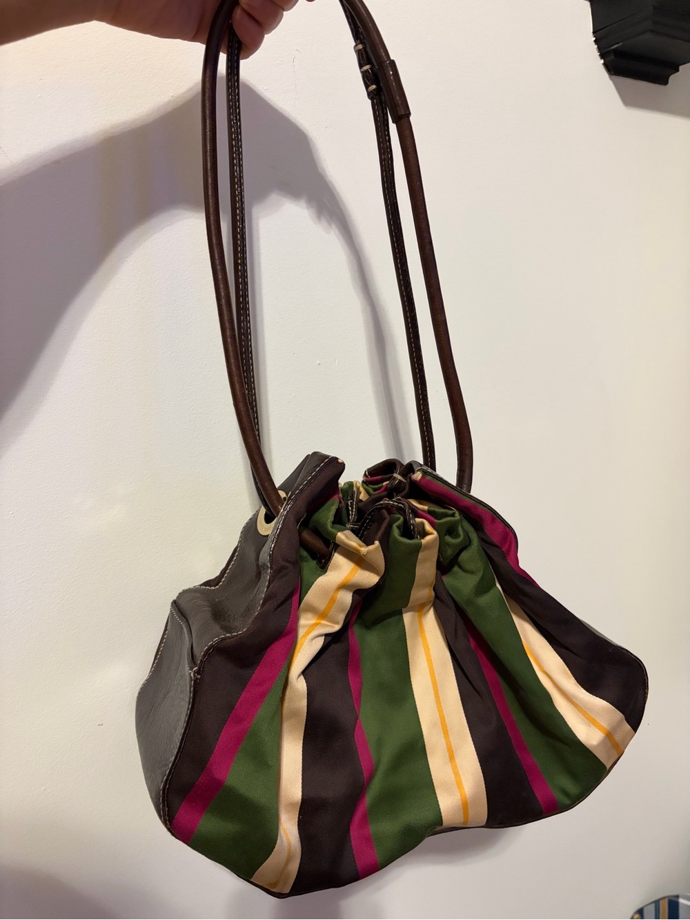Kate Spade Multicolor Striped Drawstring Shoulder Bag with Brown Handles